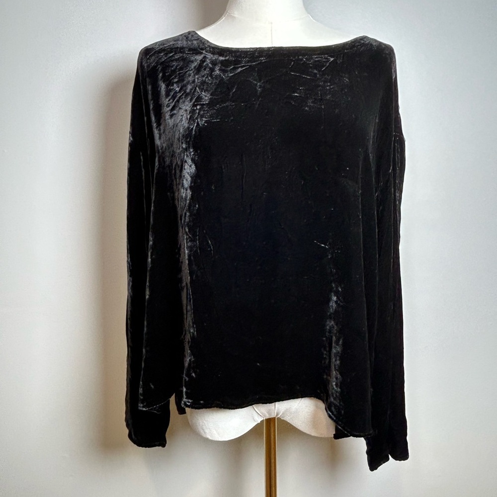 Eileen Fisher silk blend Velvet blouse black Long-Sleeve minimalist Top size S